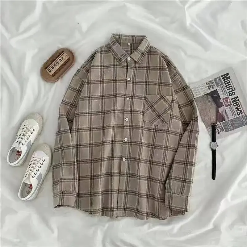 Vintage Women's Plaid Shirt Autumn/Winter Long Sleeve Oversized Button Up Tops Loose Casual Shirts