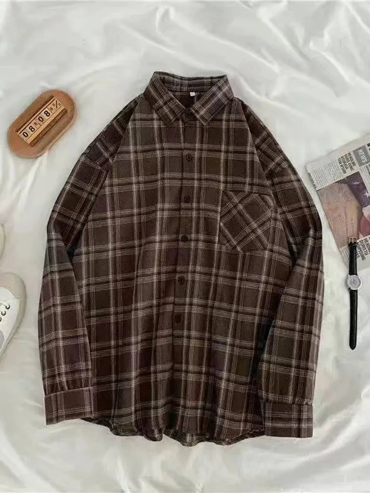 Vintage Women's Plaid Shirt Autumn/Winter Long Sleeve Oversized Button Up Tops Loose Casual Shirts