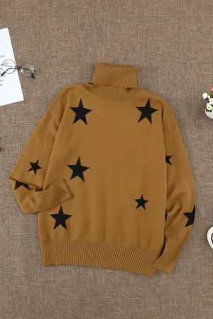 Winter Khaki Turtleneck Dropped Sleeve Star Print Sweater