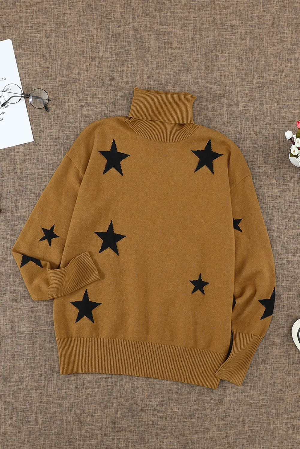Winter Khaki Turtleneck Dropped Sleeve Star Print Sweater