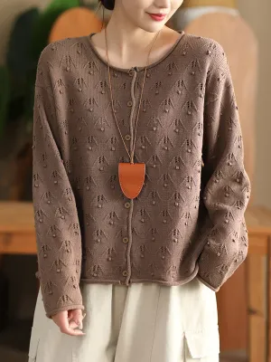 Women Autumn Perforated Knit O-Neck Cotton Sweater