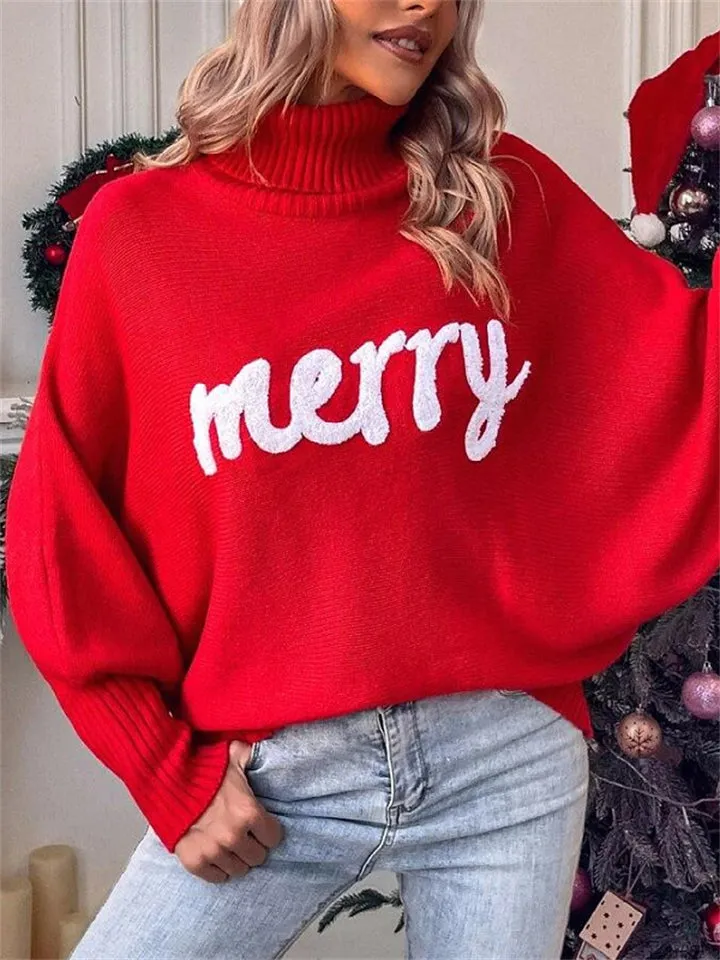 Women's Cute Comfort Bat Sleeve High Neck Christmas Sweaters