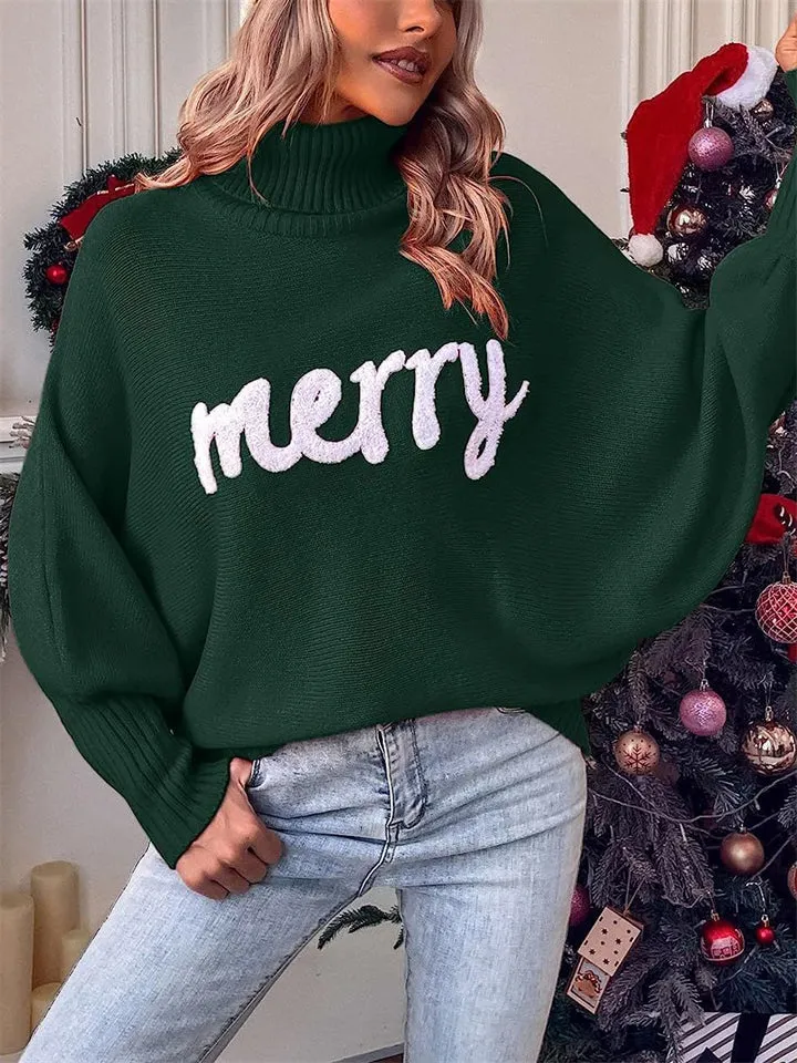 Women's Cute Comfort Bat Sleeve High Neck Christmas Sweaters