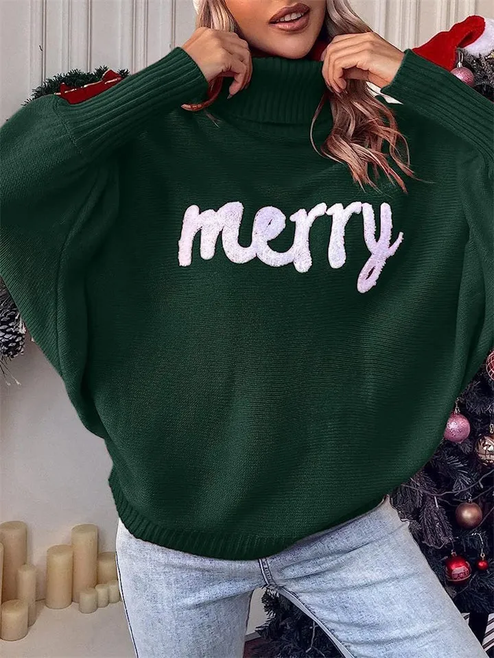 Women's Cute Comfort Bat Sleeve High Neck Christmas Sweaters