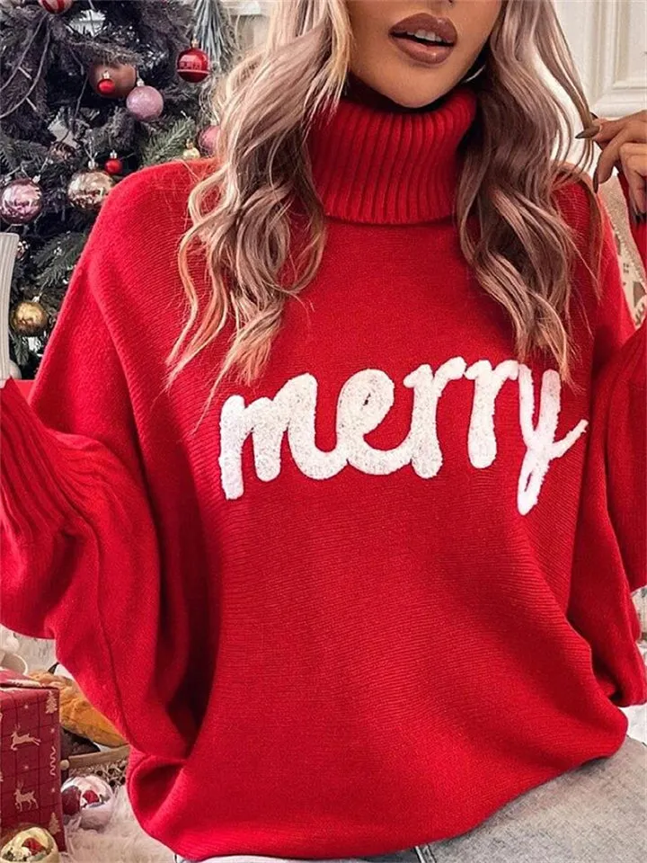 Women's Cute Comfort Bat Sleeve High Neck Christmas Sweaters