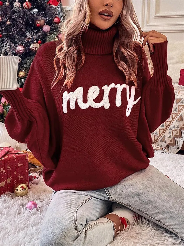 Women's Cute Comfort Bat Sleeve High Neck Christmas Sweaters