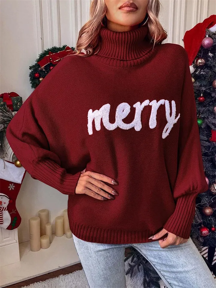 Women's Cute Comfort Bat Sleeve High Neck Christmas Sweaters