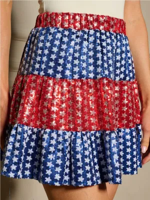 WOMEN'S ELASTIC WAIST SEQUINS AMERICAN FLAG PRINT MINI SKIRT