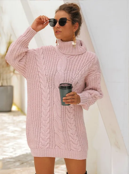 Women's Heavy Needle Pullover Mid-Long Turtleneck Twist Knit Sweater