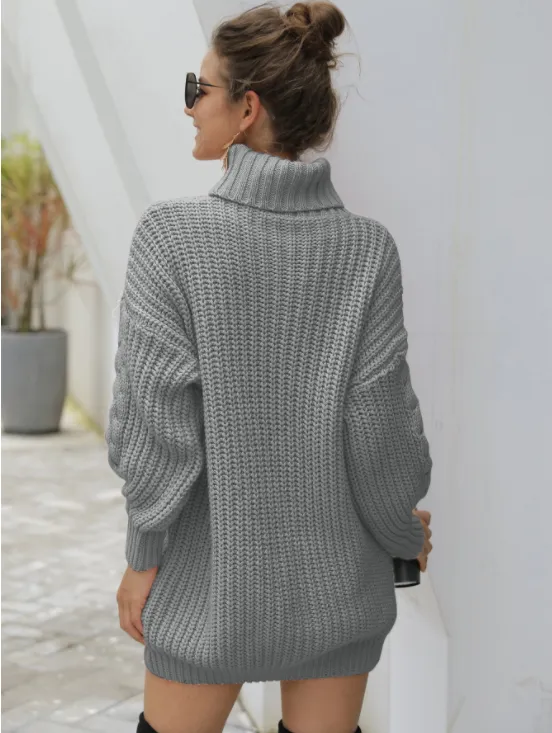 Women's Heavy Needle Pullover Mid-Long Turtleneck Twist Knit Sweater