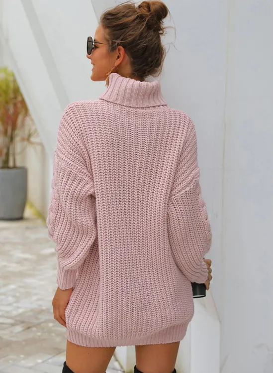 Women's Heavy Needle Pullover Mid-Long Turtleneck Twist Knit Sweater