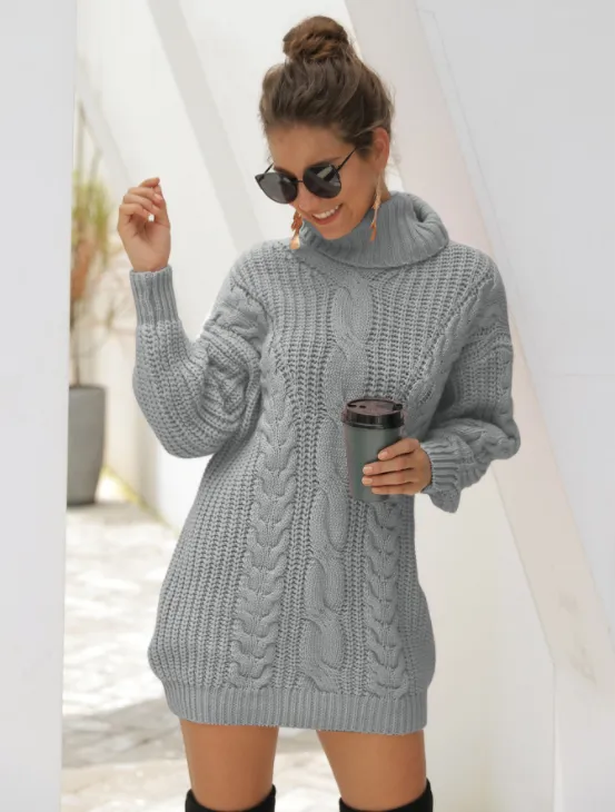 Women's Heavy Needle Pullover Mid-Long Turtleneck Twist Knit Sweater