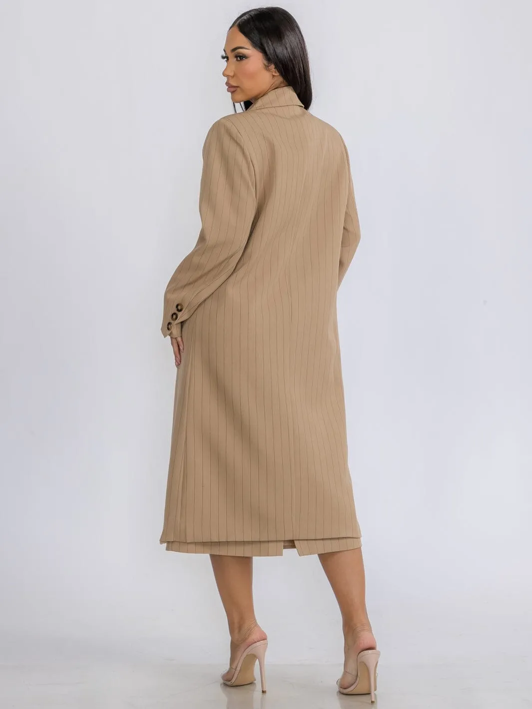 WOMEN'S LONG SLEEVE COAT & MIDI SKIRT STRIPES 2PC. SET