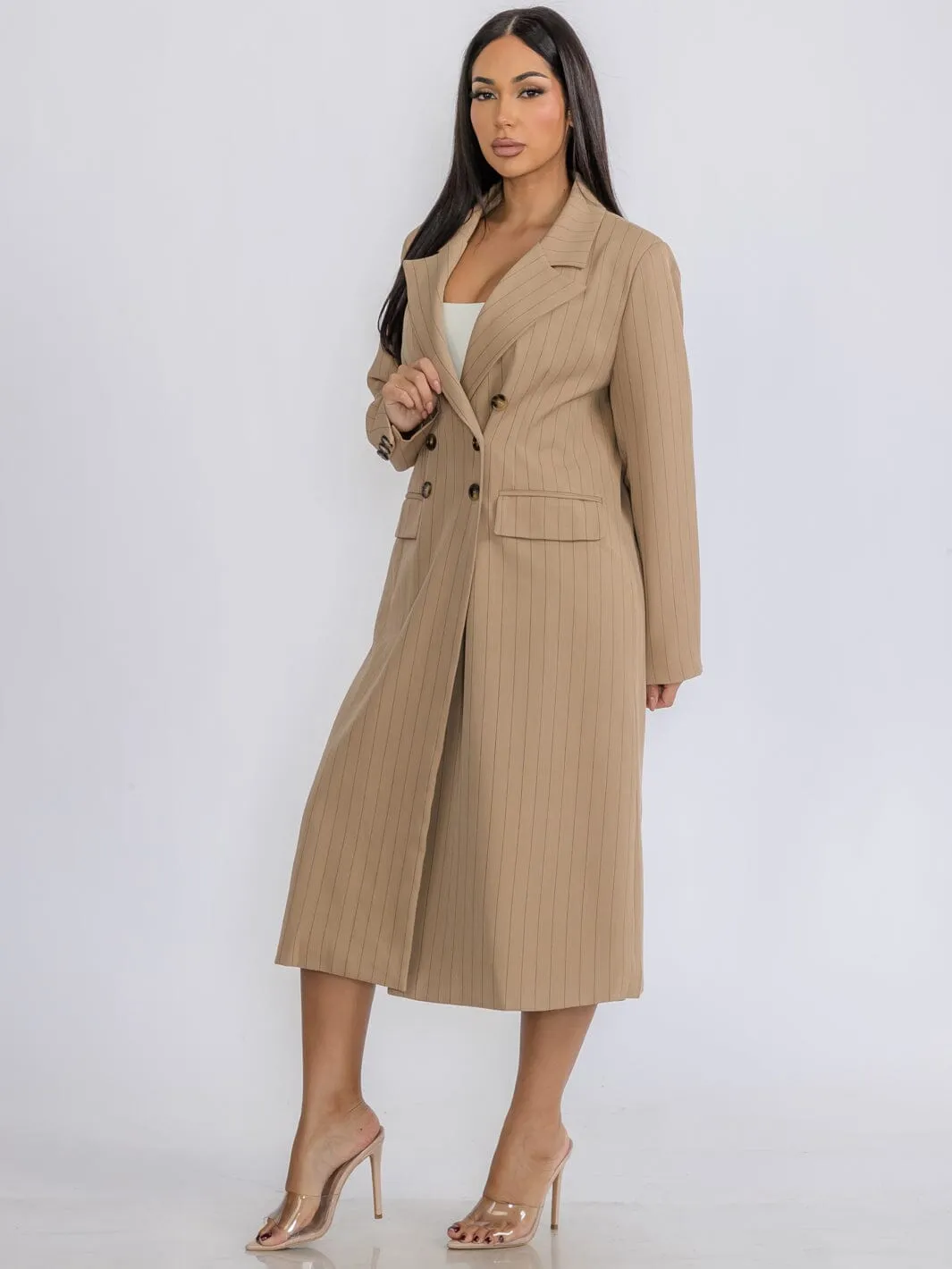 WOMEN'S LONG SLEEVE COAT & MIDI SKIRT STRIPES 2PC. SET