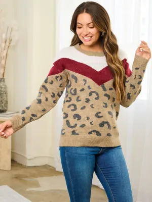 WOMEN'S LONG SLEEVE COLORBLOCK ANIMAL PRINT PULLOVER SWEATER