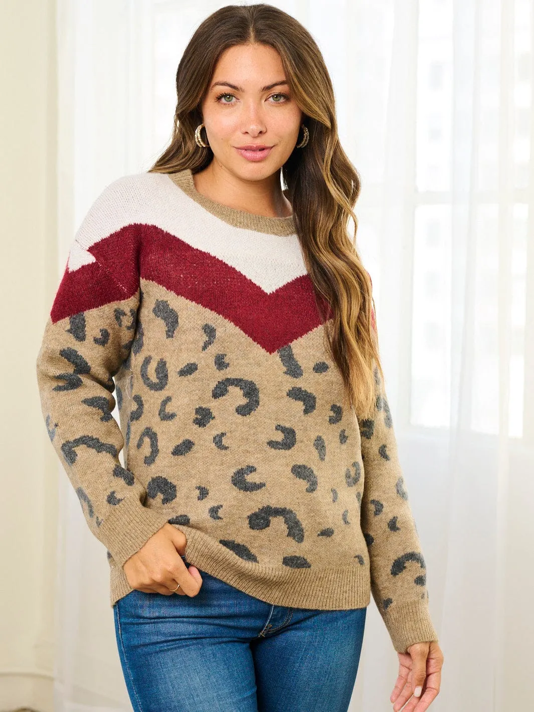 WOMEN'S LONG SLEEVE COLORBLOCK ANIMAL PRINT PULLOVER SWEATER