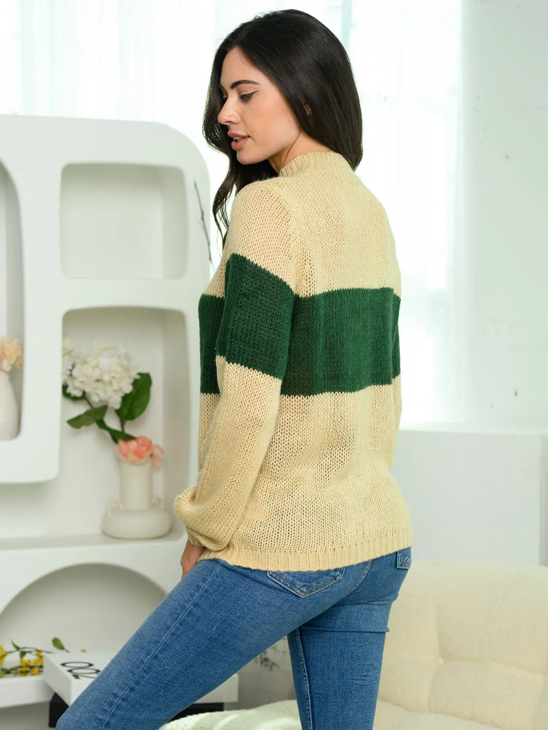 WOMEN'S LONG SLEEVE COWL NECK COLOR BLOCK SWEATER