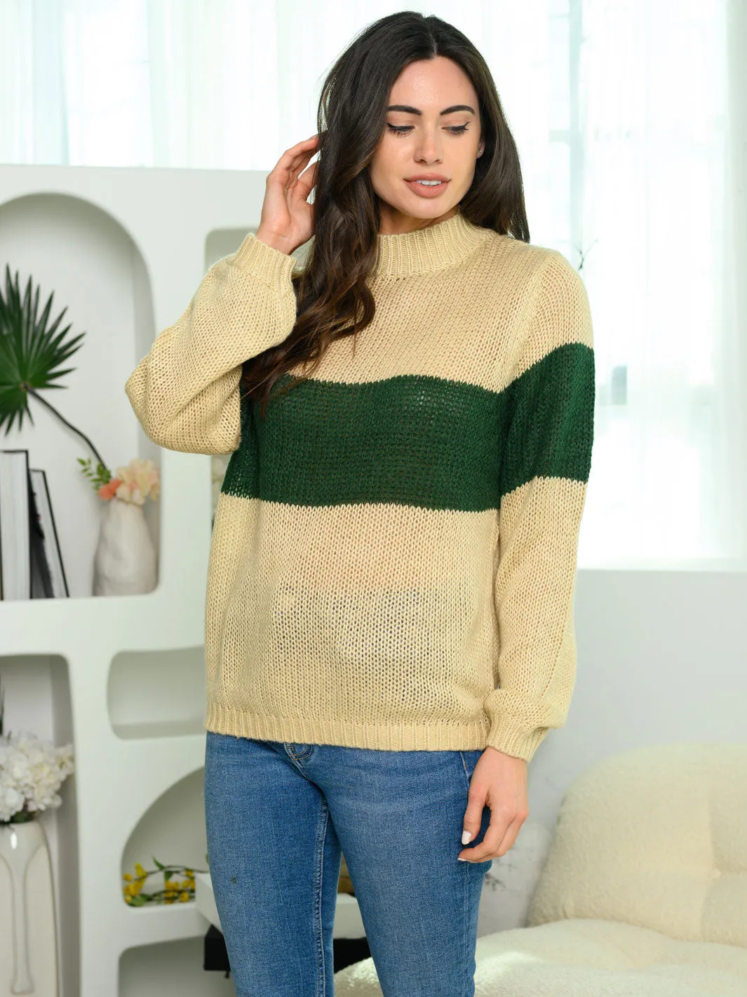 WOMEN'S LONG SLEEVE COWL NECK COLOR BLOCK SWEATER