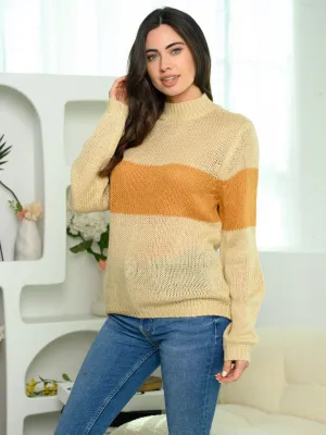 WOMEN'S LONG SLEEVE MOCK NECK COLORBLOCK KNIT SWEATER