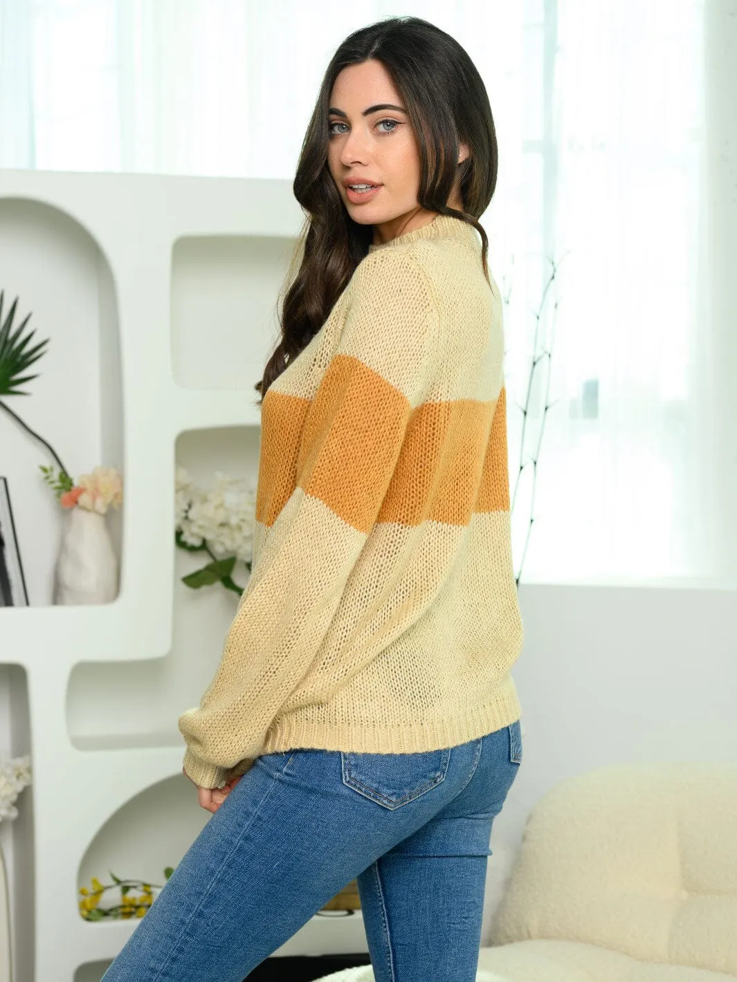 WOMEN'S LONG SLEEVE MOCK NECK COLORBLOCK KNIT SWEATER