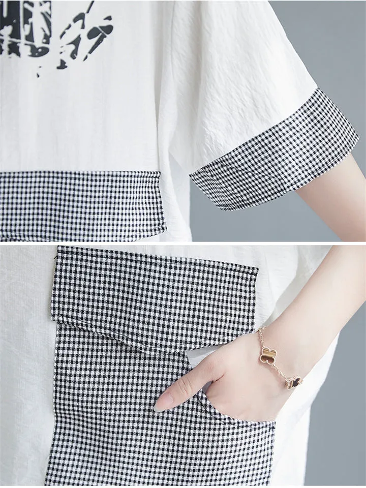 Women's Summer Letter Print Plaid Patch Pocket T-shirt