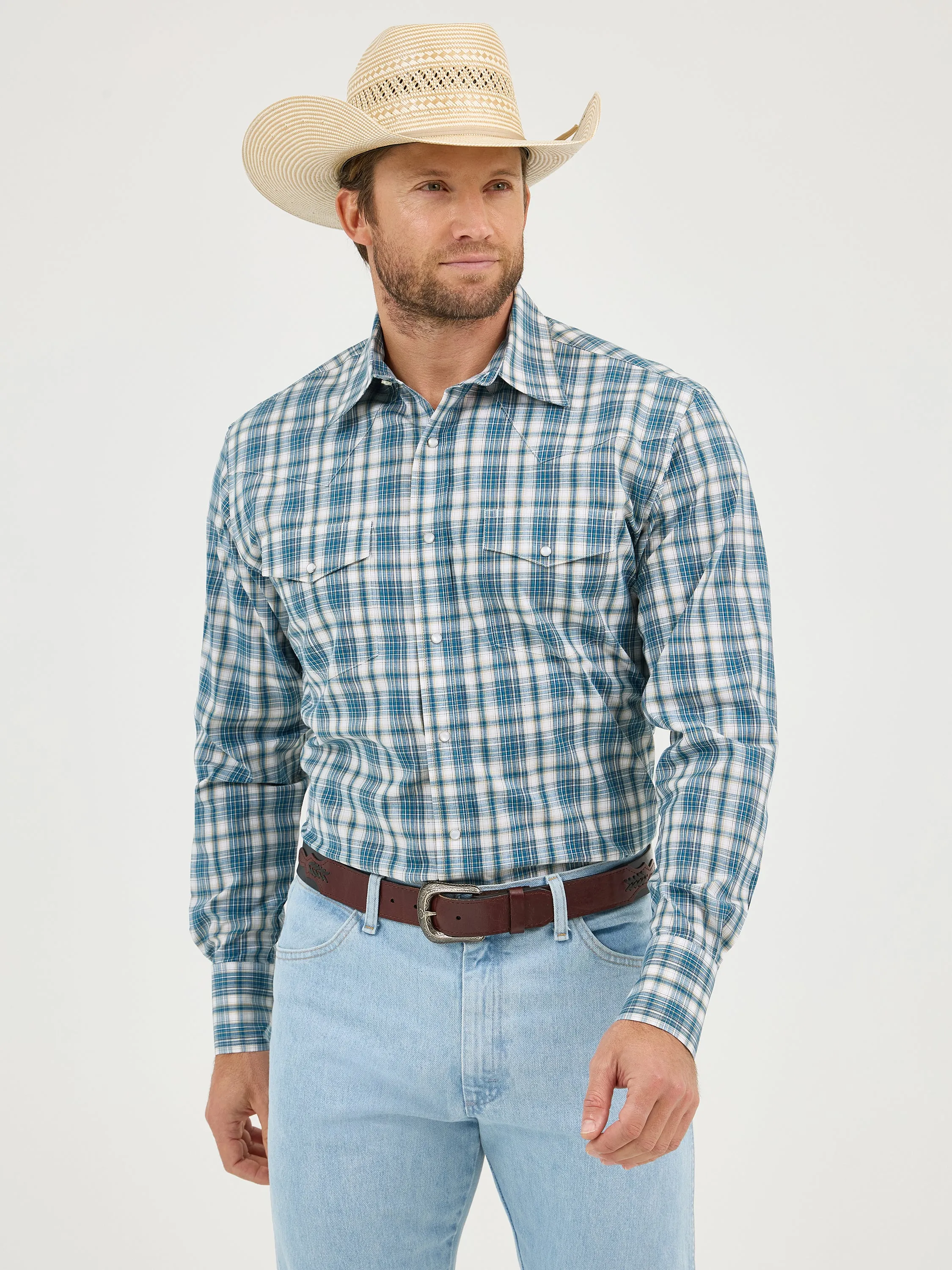 Wrangler Wrinkle Resist Teal/White Plaid Western Snap Shirt for Men