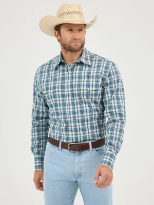 Wrangler Wrinkle Resist Teal/White Plaid Western Snap Shirt for Men