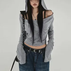 Y2K Grunge Hooded Long Sleeve Top – Slim Fit Vintage Streetwear