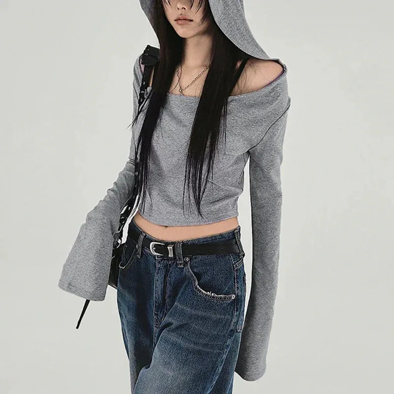 Y2K Grunge Hooded Long Sleeve Top – Slim Fit Vintage Streetwear