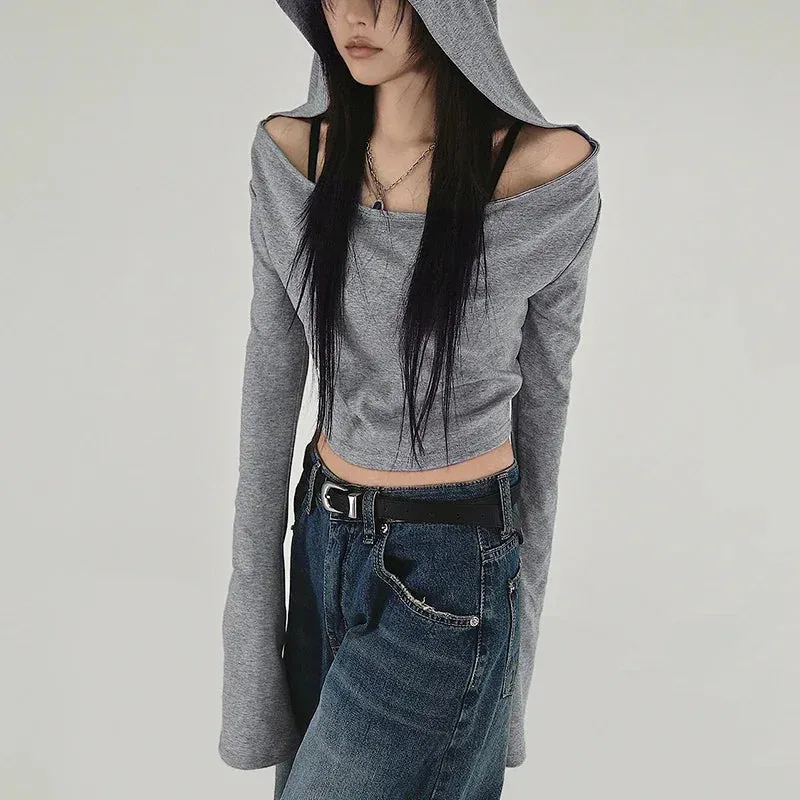 Y2K Grunge Hooded Long Sleeve Top – Slim Fit Vintage Streetwear