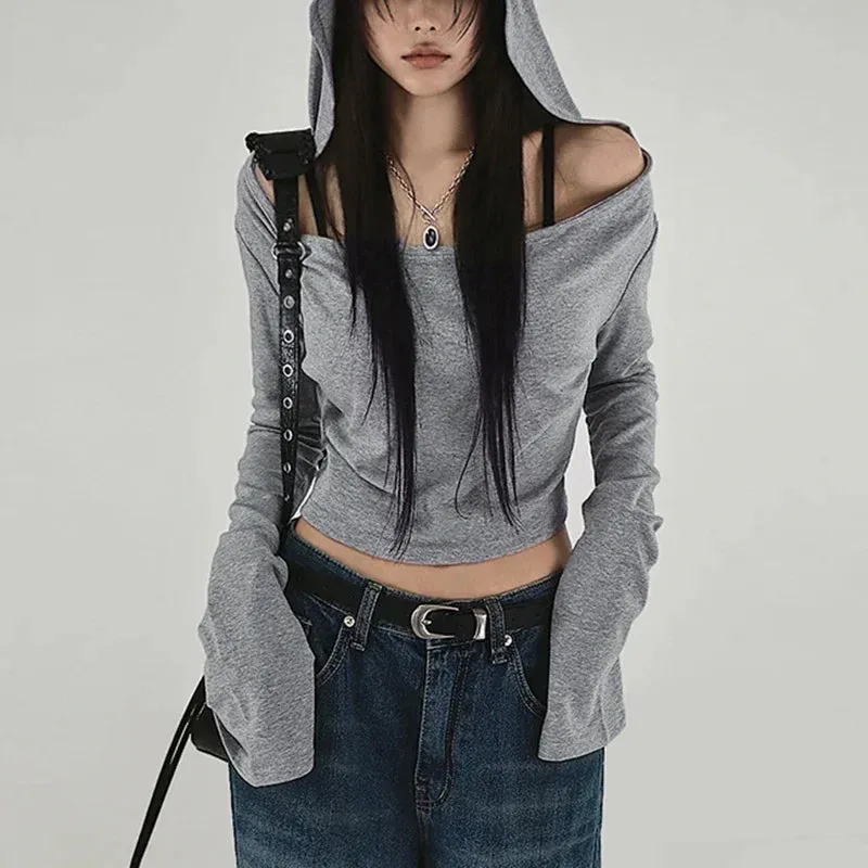 Y2K Grunge Hooded Long Sleeve Top – Slim Fit Vintage Streetwear