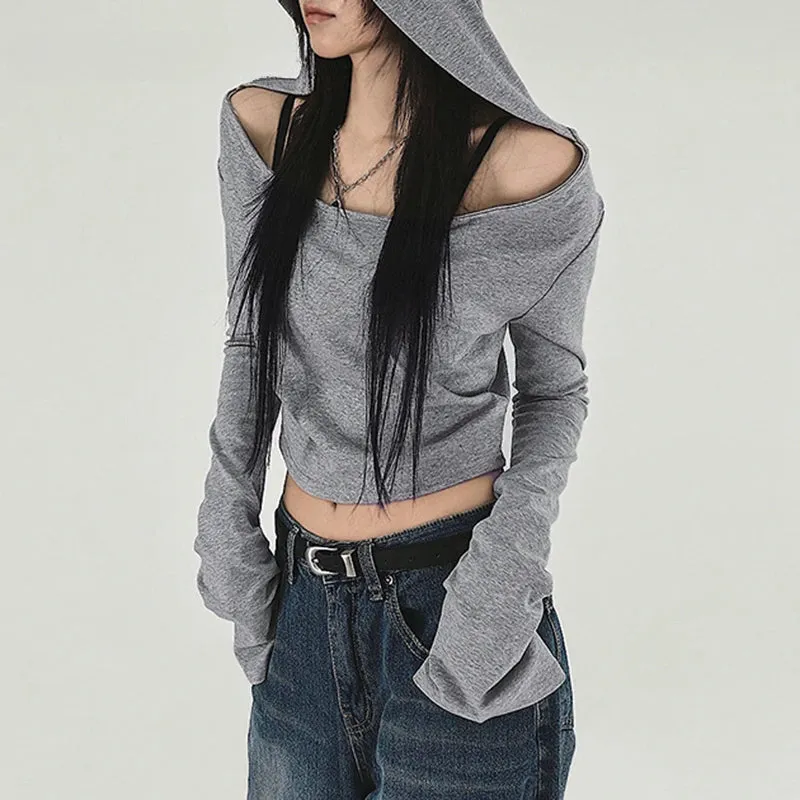 Y2K Grunge Hooded Long Sleeve Top – Slim Fit Vintage Streetwear