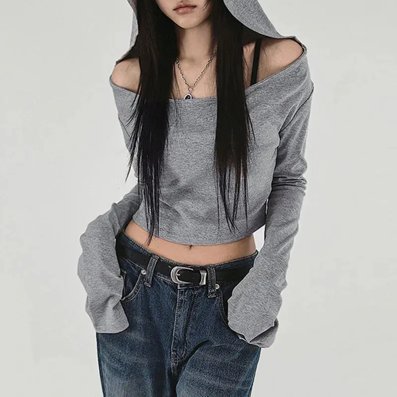 Y2K Grunge Hooded Long Sleeve Top – Slim Fit Vintage Streetwear