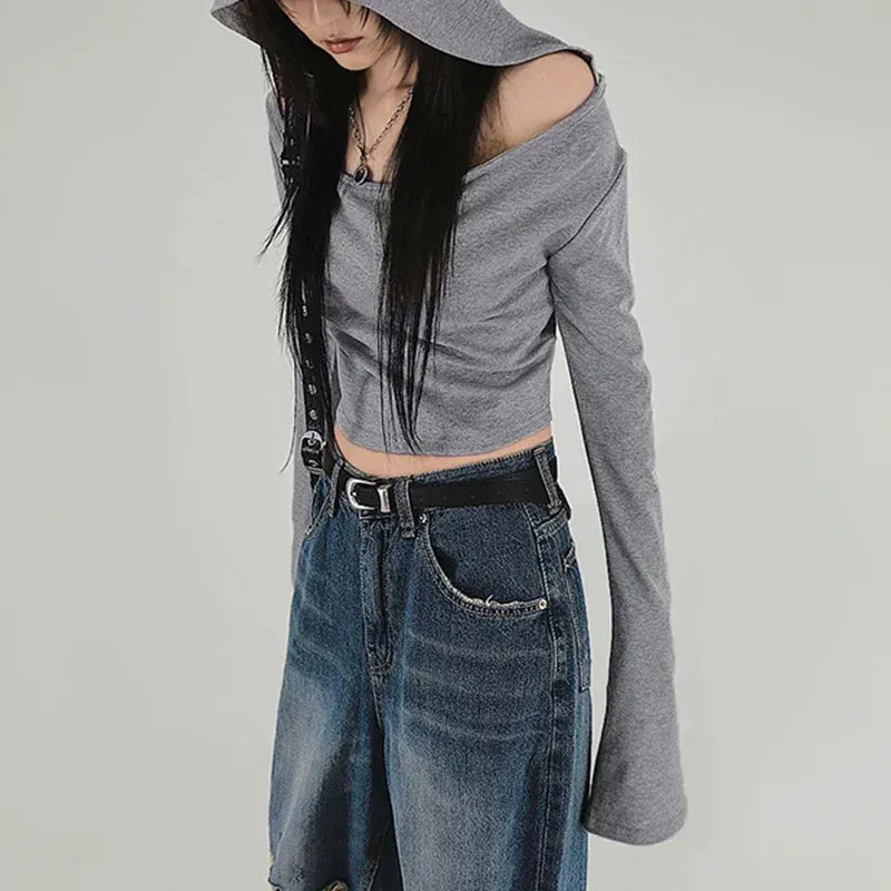 Y2K Grunge Hooded Long Sleeve Top – Slim Fit Vintage Streetwear