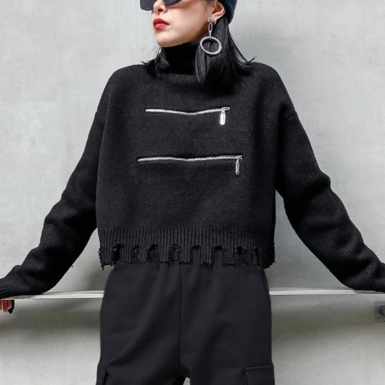 Zipper Turtleneck Knitted Sweater