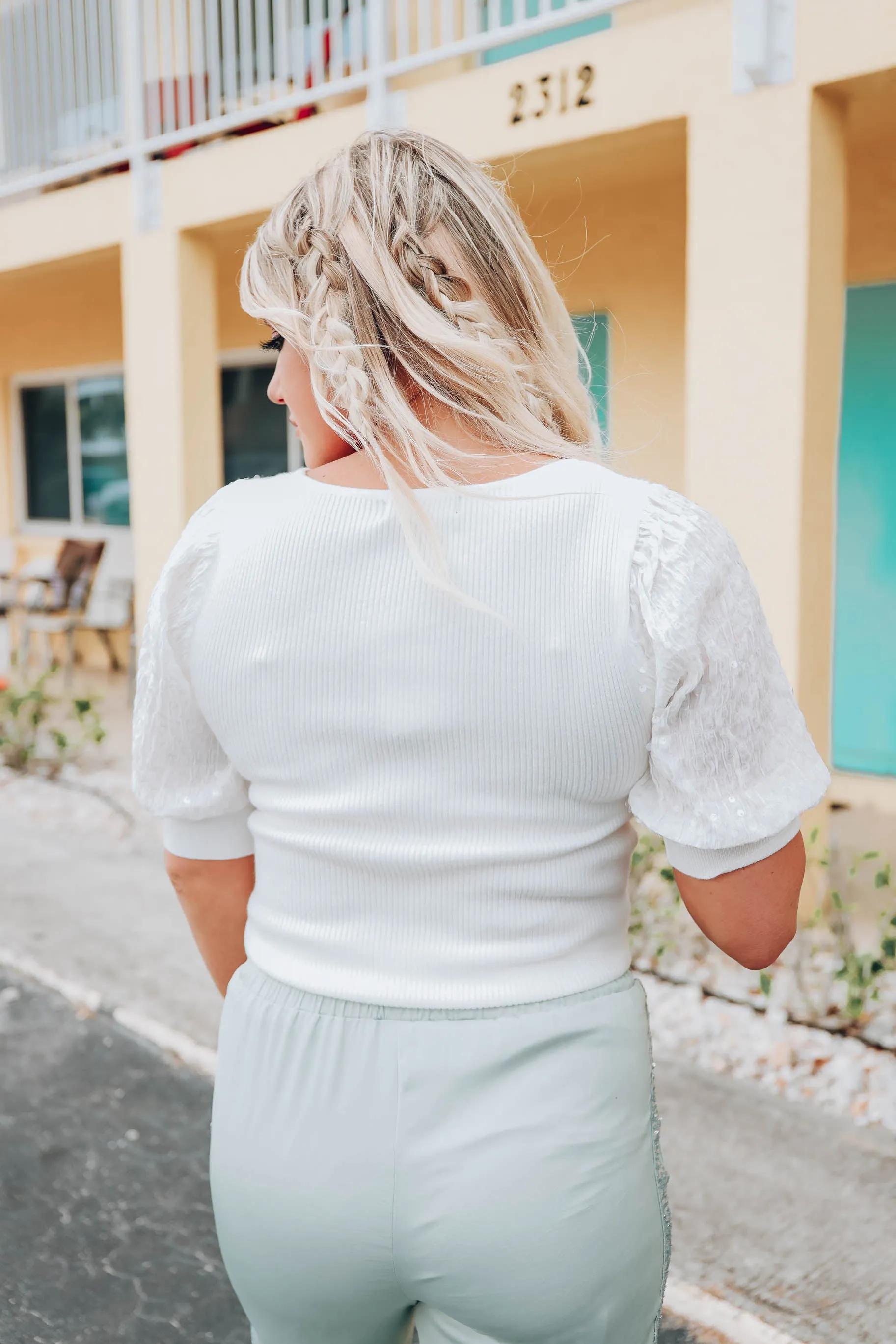 Zora Sequin Puff Sleeve Top - White