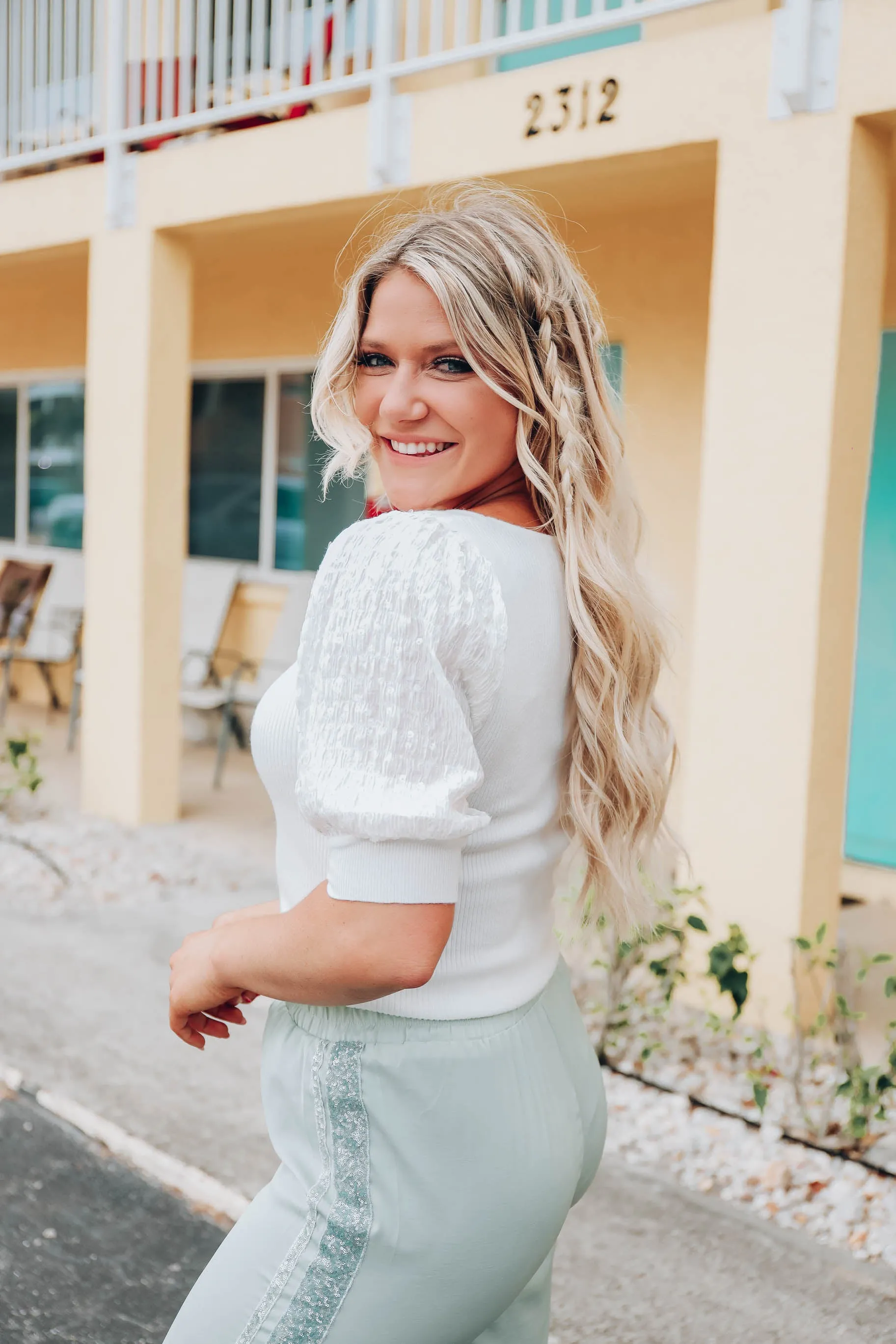 Zora Sequin Puff Sleeve Top - White