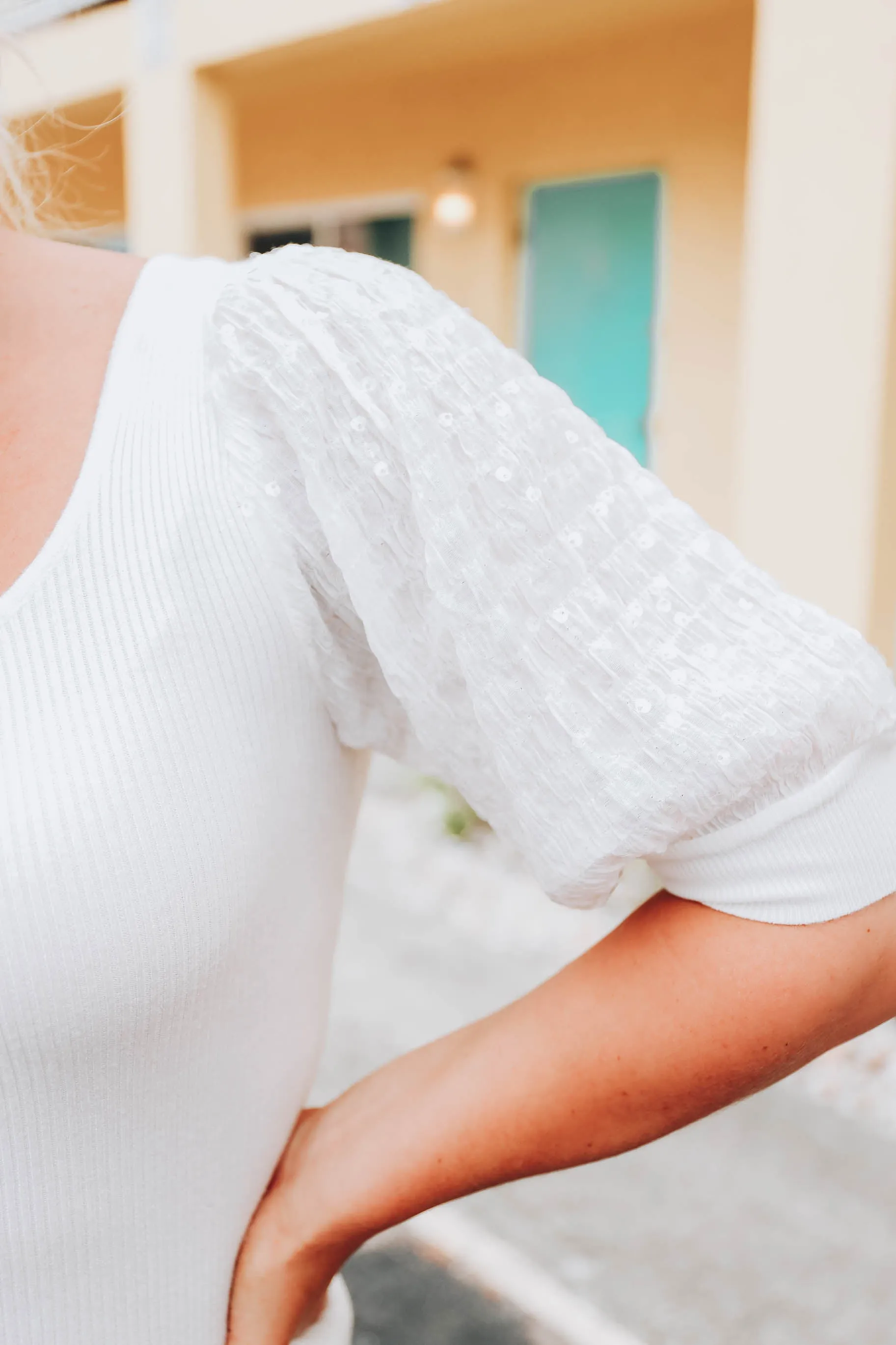 Zora Sequin Puff Sleeve Top - White