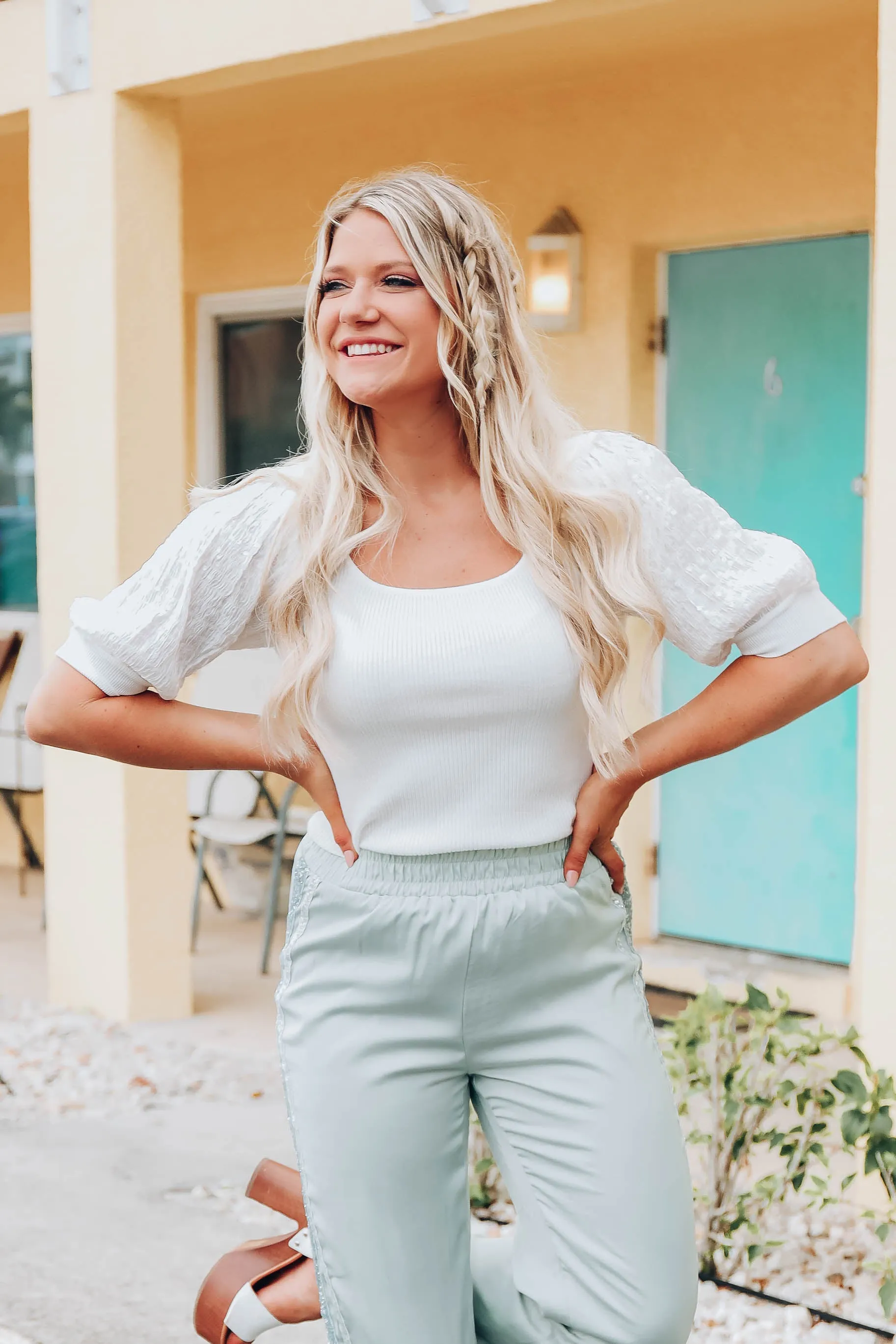 Zora Sequin Puff Sleeve Top - White